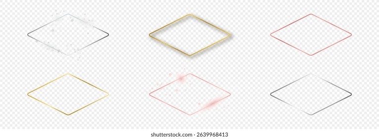 Set of six gold, silver and rose gold glowing rounded rhombus frames isolated on transparent background. Shiny frame with glowing effects. Vector illustration