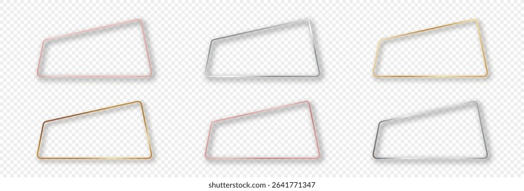 Set of six gold, silver and rose gold glowing rounded trapezium frames isolated on transparent background. Shiny frame with glowing effects. Vector illustration