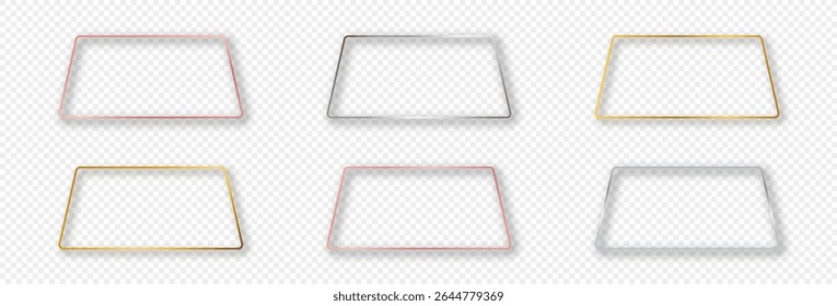 Conjunto de seis quadros trapezoides arredondados brilhantes em ouro, prata e ouro rosa isolados sobre fundo transparente. Quadro brilhante com efeitos brilhantes. Ilustração vetorial