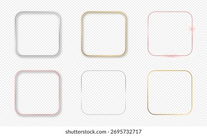 Set of six gold, silver and rose gold glowing rounded square frames isolated on transparent background. Shiny frame with glowing effects. Vector illustration