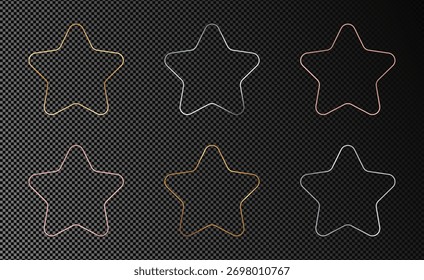 Set of six gold, silver and rose gold glowing rounded star frames isolated on dark transparent background. Shiny frame with glowing effects. Vector illustration