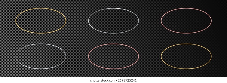 Conjunto de seis marcos de forma ovalada brillante de oro, plata y oro rosa aislados sobre fondo transparente oscuro. Marco brillante con efectos brillantes. Ilustración vectorial