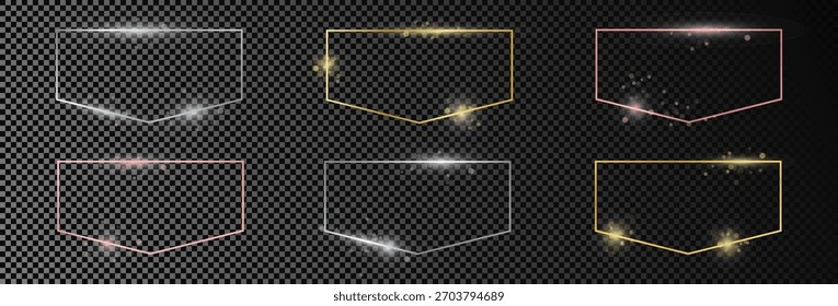 Set of six gold, silver and rose gold glowing frames isolated on dark transparent background. Shiny frame with glowing effects. Vector illustration