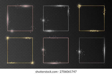 Conjunto de seis quadros quadrados brilhantes em ouro, prata e ouro rosa isolados sobre fundo transparente escuro. Quadro brilhante com efeitos brilhantes. Ilustração vetorial