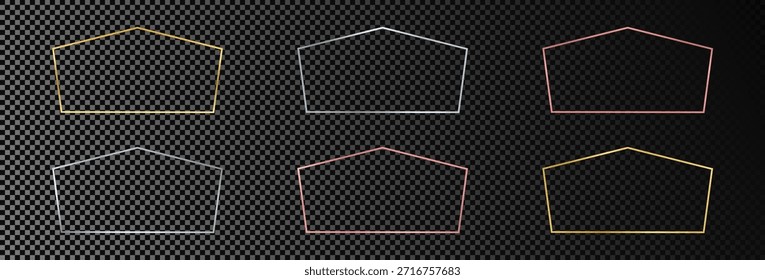 Set of six gold, silver and rose gold glowing tetragon shape frames isolated on dark transparent background. Shiny frame with glowing effects. Vector illustration