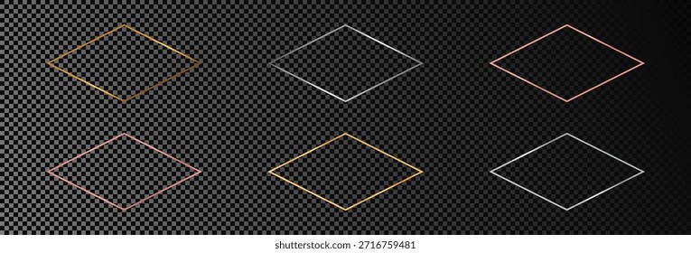 Set of six gold, silver and rose gold glowing rhombus shape frames isolated on dark transparent background. Shiny frame with glowing effects. Vector illustration