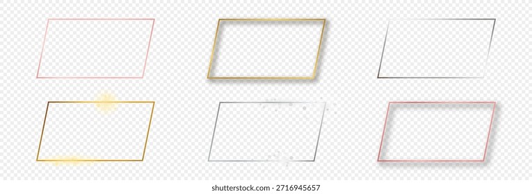 Set of six gold, silver and rose gold glowing rectangular shape frames isolated on transparent background. Shiny frame with glowing effects. Vector illustration