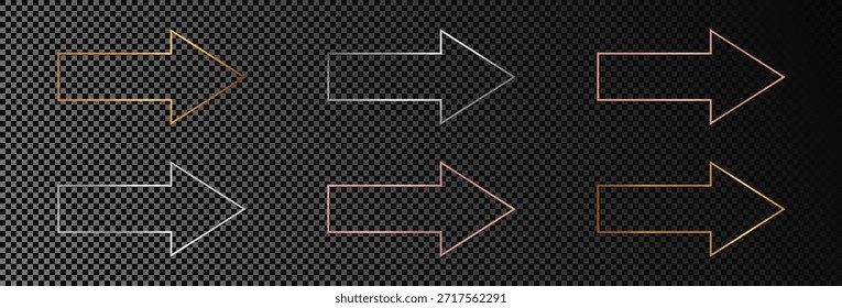 Conjunto de seis marcos de forma de flecha brillante de oro, plata y oro rosa aislados sobre fondo transparente oscuro. Marco brillante con efectos brillantes. Ilustración vectorial
