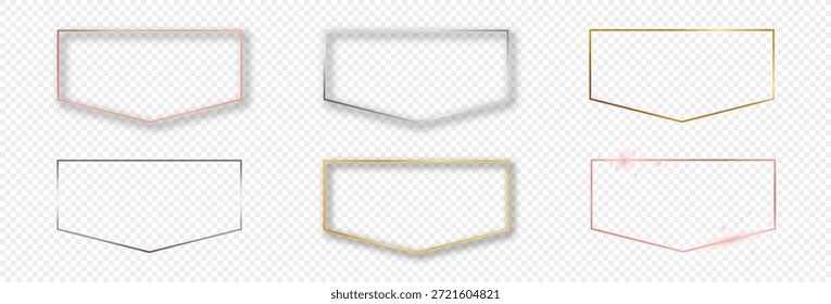 Satz von sechs goldenen, silbernen und roségoldenen glühenden Rahmen einzeln auf transparentem Hintergrund. Glänzender Rahmen mit glühenden Effekten. Vektorgrafik