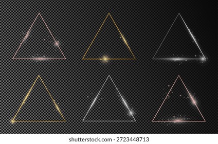 Conjunto de seis quadros de triângulo dourado, prata e ouro rosa brilhantes isolados sobre fundo transparente escuro. Quadro brilhante com efeitos brilhantes. Ilustração vetorial