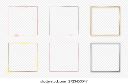 Set of six gold, silver and rose gold glowing square frames isolated on transparent background. Shiny frame with glowing effects. Vector illustration