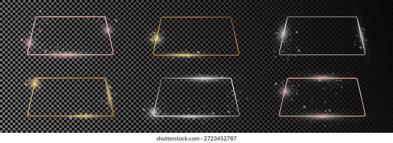 Conjunto de seis marcos trapezoidales redondeados brillantes de oro, plata y oro rosa aislados sobre fondo transparente oscuro. Marco brillante con efectos brillantes. Ilustración vectorial