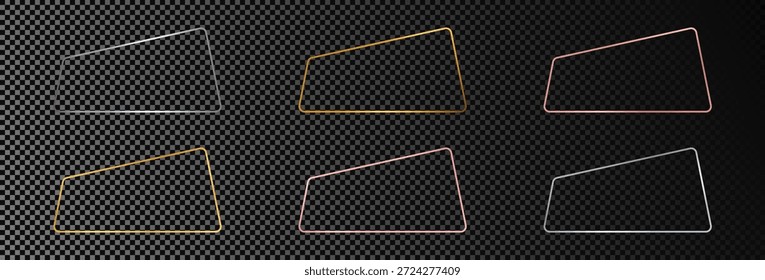 Conjunto de seis quadros dourados, prateados e dourados rosa brilhante trapézio arredondado isolado em fundo transparente escuro. Quadro brilhante com efeitos brilhantes. Ilustração vetorial