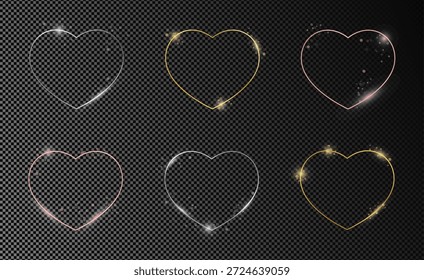 Conjunto de seis molduras de ouro, prata e ouro rosa brilhantes em forma de coração isoladas em fundo transparente escuro. Quadro brilhante com efeitos brilhantes. Ilustração vetorial