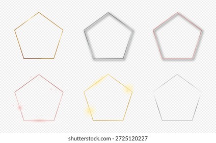 Conjunto de seis quadros de pentágono dourados, prateados e dourados brilhantes isolados sobre fundo transparente. Quadro brilhante com efeitos brilhantes. Ilustração vetorial