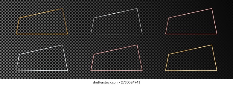 Set von sechs goldenen, silbernen und roségoldglühenden Trapezrahmen einzeln auf dunklem, transparentem Hintergrund. Glänzender Rahmen mit glühenden Effekten. Vektorgrafik