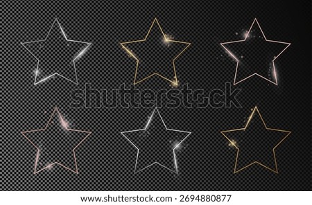 Set of six gold, silver and rose gold glowing star shape frames isolated on dark transparent background. Shiny frame with glowing effects. Vector illustration