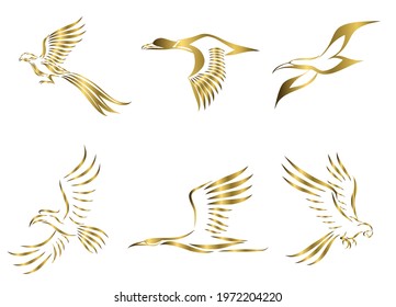 Set of six gold vector images of various birds flying such as pheasant seagull mallard crane hornbill and macaw Good use for symbol mascot icon avatar and logo