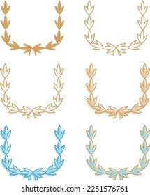 Set of six golden circular laurels, linear and solid. Depicting an award, achievement, heraldry, nobility. Vector illustration.