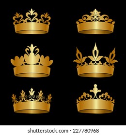 Set of six golden crowns on black background