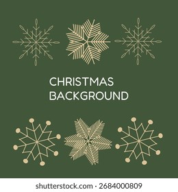 Set of six golden snowflake in various elegant ornate style on traditional green background. Christmas background. Vector design element