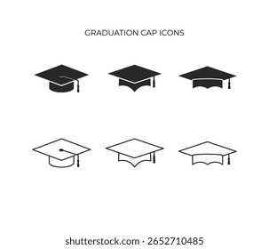 Conjunto de seis ícones de boné de graduação em preto, exibindo estilos preenchidos e contornados com detalhes de borla. Perfeito para temas educacionais.