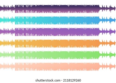 Un conjunto de seis pistas de audio gráficas de diferentes colores. Gráficos vectoriales. Sonidos y música.