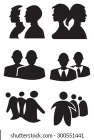Set of six graphic designs using silhouette of people bust portrait. Black and white vector illustration isolated on white background.