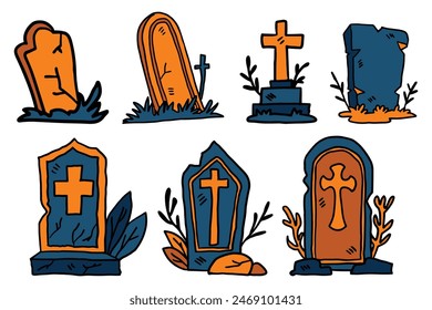 A set of six gravestones with crosses on them. The crosses are in various sizes and are placed on the graves. The graves are surrounded by grass and rocks