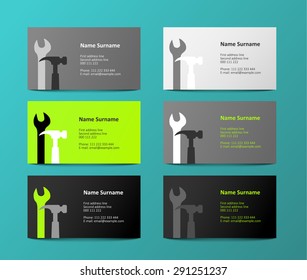 set of six  gray and green business cards, vector illustration, eps 10 with transparency