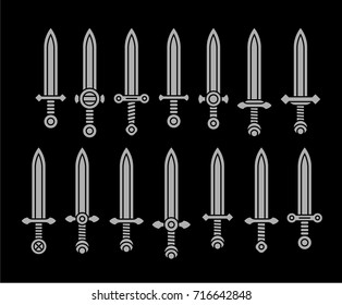 Set of six gray medieval swords on a black background