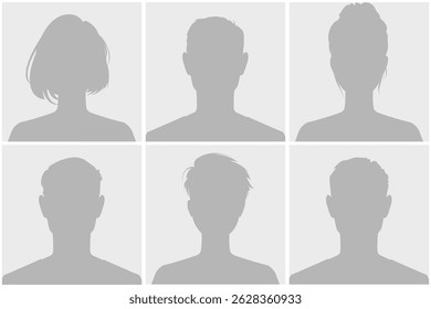 Set of six grayscale silhouette avatar defoult photo placeholder displayed in a grid. Each image shows a different hairstyle and gender from a front angle. Anonymous profiles on social media.