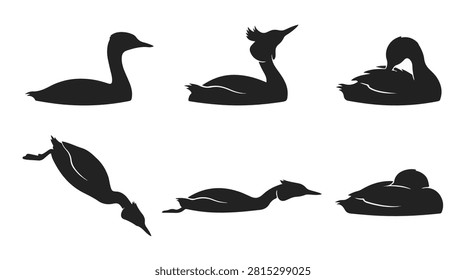 A set of six grebe bird with ducklings in various poses silhouette vector icon illustrations on a white background
