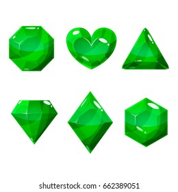 Set of six green different shaped crystals, gemstones, gems, diamonds. Vector gui assets collection in cartoon style for game design isolated on white background.