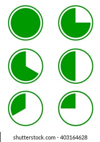 Set of six green pie diagrams for a presentation or an infographic, 100%, 75%, 66%, 50%, 33% and 25%. Vector illustration.