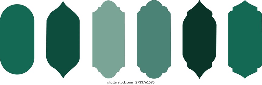 Ein Satz von sechs grünen Formen in verschiedenen Schattierungen, horizontal angeordnet, mit einzigartigen spitzen Böden, auf rein weißem Hintergrund