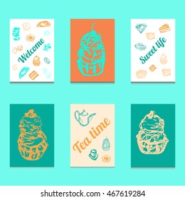 Set of six greeting card. Tea time motif, vintage style. Teapot, cup, cake, biscuit, pie, cookie elements. Bright colors. Welcome. Sweet life.