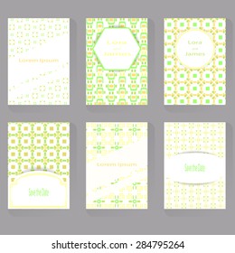Set of six greeting cards. Can be use as business cards, save the date, births day, invitation cards. Cover design. Abstract retro geometric pattern. Stock vector.