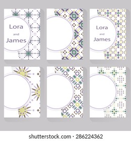 Set of six greeting cards. Can be use as business cards, save the date, births day, invitation cards. Cover design. Abstract retro geometric pattern. Stock vector.