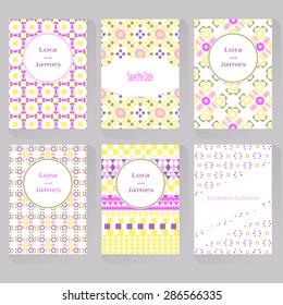 Set of six greeting cards. Can be use as business cards, save the date, births day, invitation cards. Cover design. Abstract retro geometric pattern. Stock vector.