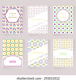 Set of six greeting cards. Can be use as business cards, save the date, births day, invitation cards. Cover design. Abstract retro geometric pattern. Stock vector.