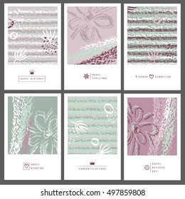 Set of six greeting cards with chalk.