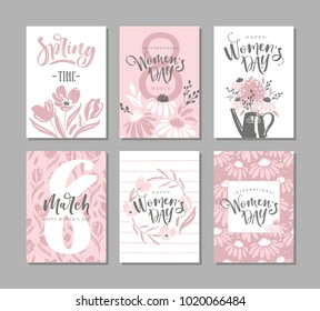 Set of six greeting cards for international womens day with ?alligraphic hand written phrase. Eight march. Hand drawn elements. Vector design.