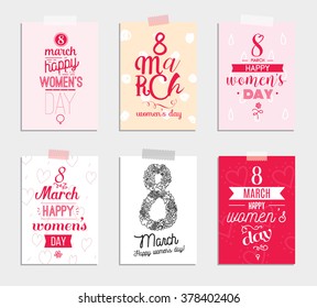 Set of six greeting cards for international womens day. Eight march. Usable for prints. Vector design. Hand drawn elements.