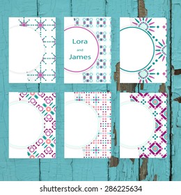 Set of six greeting cards on the wooden background. Can be use as business cards, save the date, births day, invitation cards. Cover design. Abstract retro geometric pattern. Stock vector.