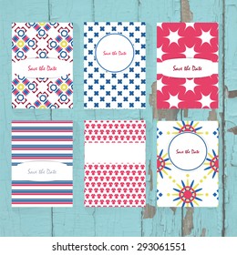Set of six greeting cards on the wooden background. Can be use as business cards, save the date, births day, invitation cards. Cover design. Abstract retro geometric pattern. Stock vector.