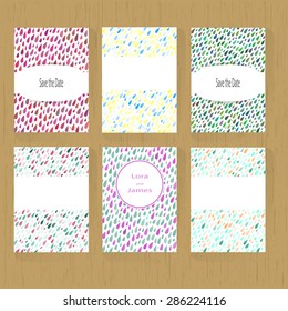 Set of six greeting cards with Rainy Day Patterns on the wooden background. Can be use as save the date, births day, invitation cards. Cover design. Abstract Rainy Day Pattern. Stock vector.