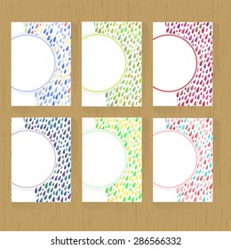 Set of six greeting cards with Rainy Day Patterns on the wooden background. Can be use as save the date, births day, invitation cards. Cover design. Abstract Rainy Day Pattern. Stock vector.
