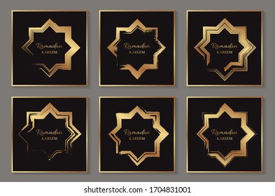 Set of six greeting cards for ramadan with golden grunge stars and inscription on a black background.