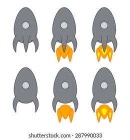 Set of six grey colored space ships with illuminators in cartoon style isolated on white background. Logo templates, design elements
